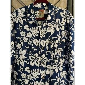 Pineapple‎ Connection Mens Hawaiian Shirt Navy Blue White Hibiscus Rayon Large